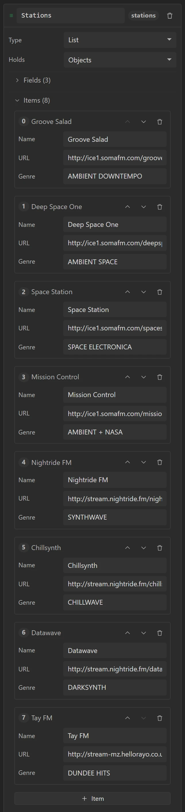 The Stations list, with its eight items.