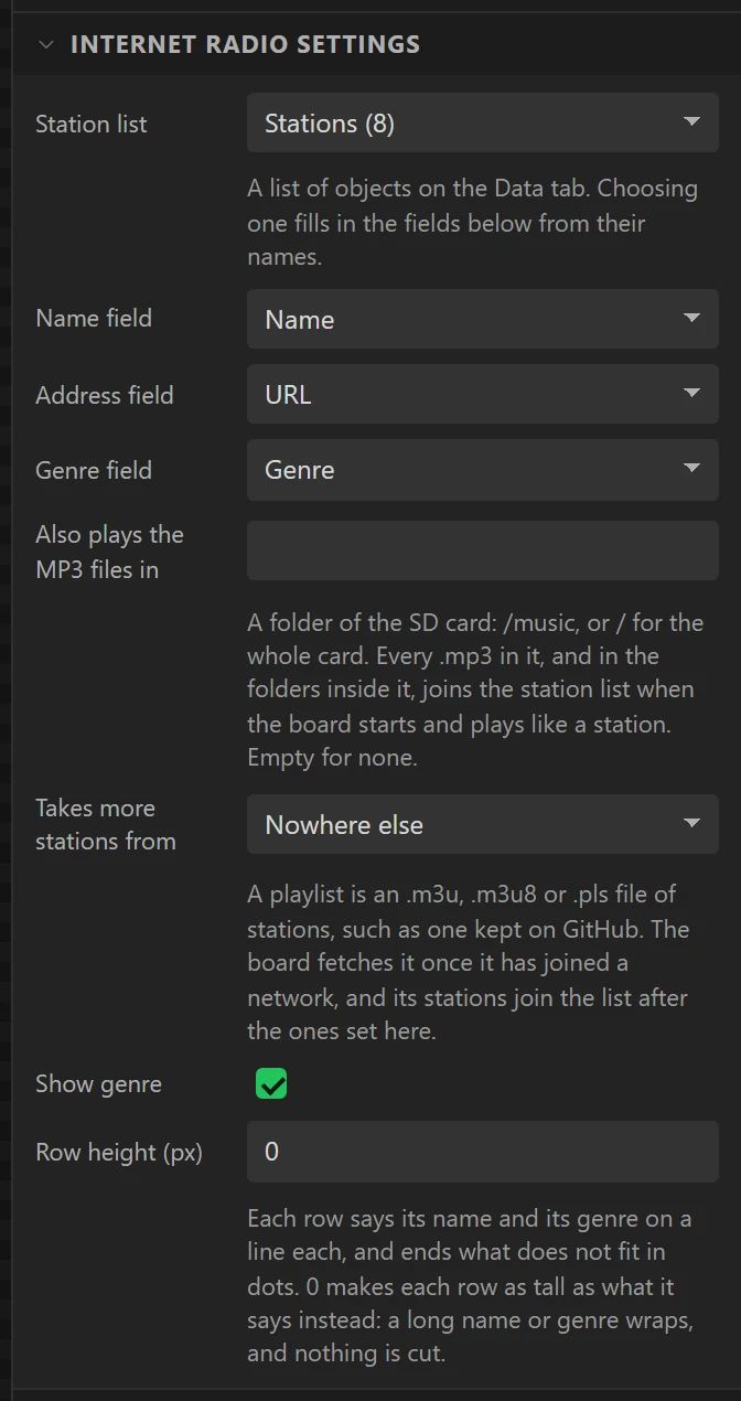 Internet Radio settings: which list, and which field is the name, the address and the genre.