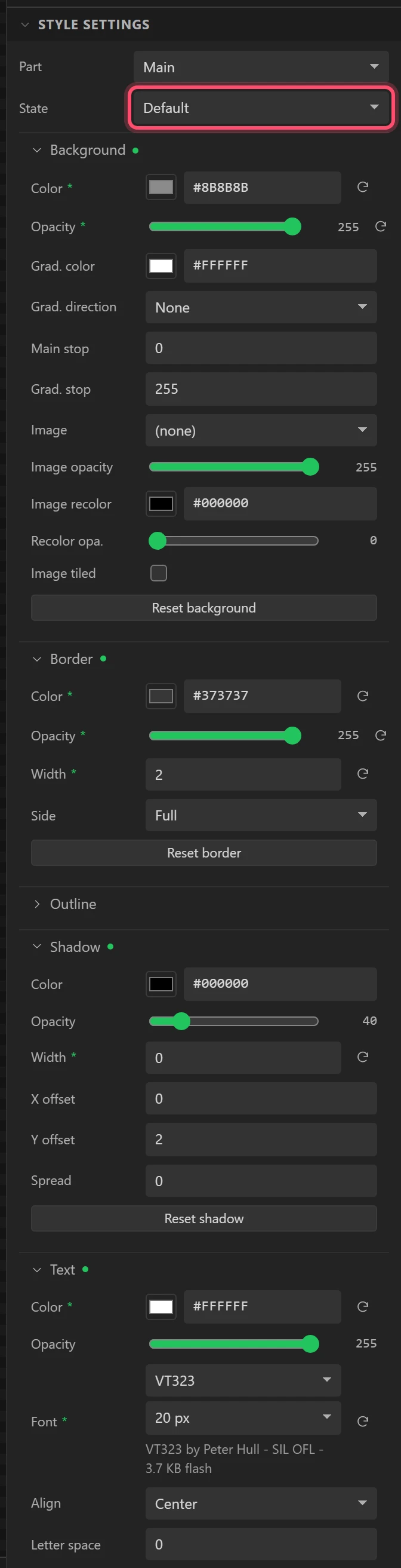Default: grey, a dark edge two pixels wide, square corners, white pixel text.
