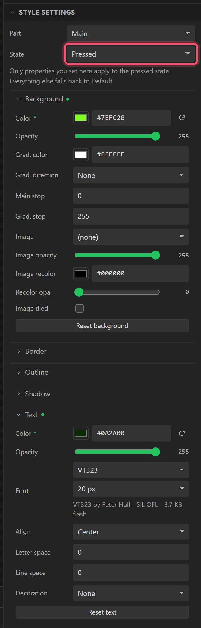 Pressed: green, with dark text.