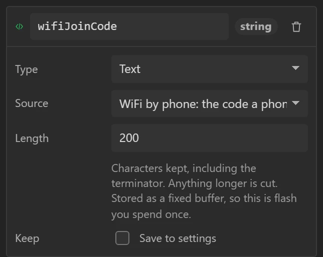 wifiJoinCode, a Text variable that reads the code a phone scans.