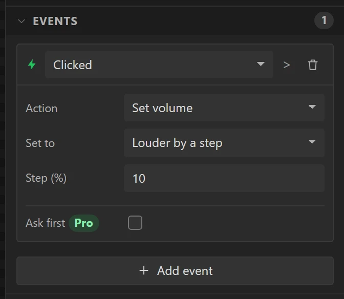 Louder: Set volume, Louder by a step.