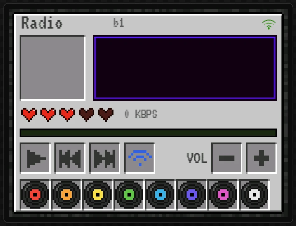 The radio before anything plays: an empty slot and an empty tooltip, and b1 beside the name.