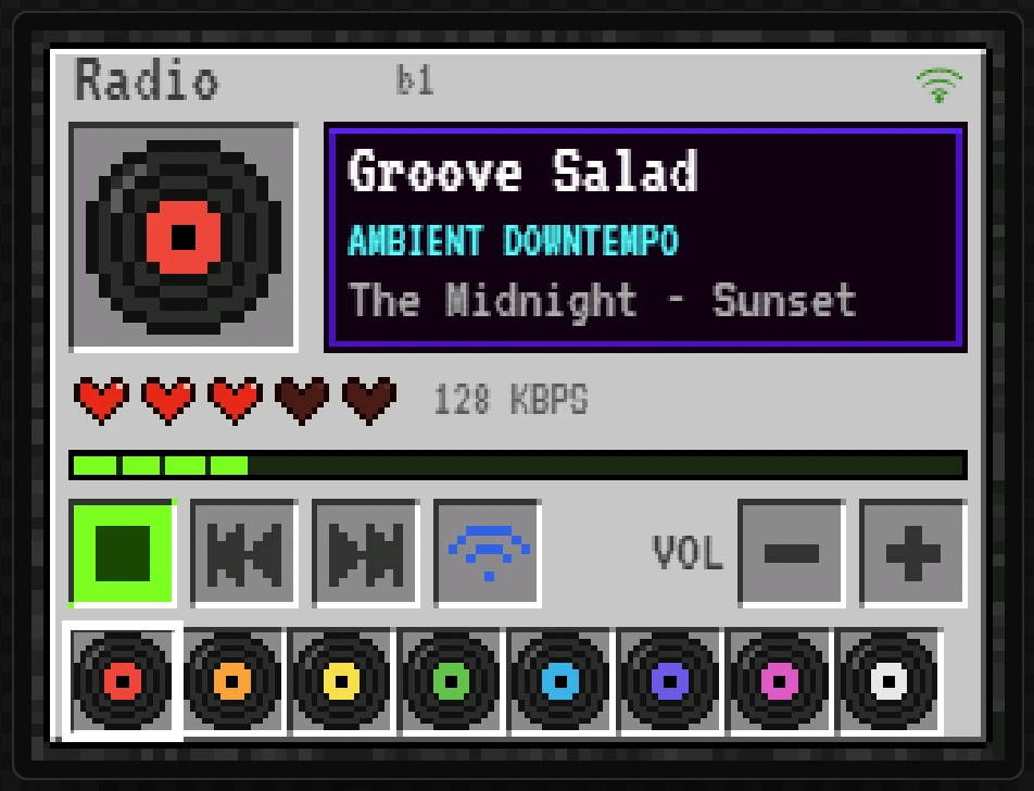 The finished radio in Preview: a station playing, three hearts of volume, and the play slot lit.