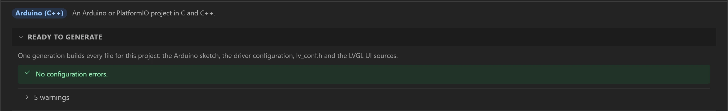 Ready to generate: no configuration errors, and the board's own warnings.