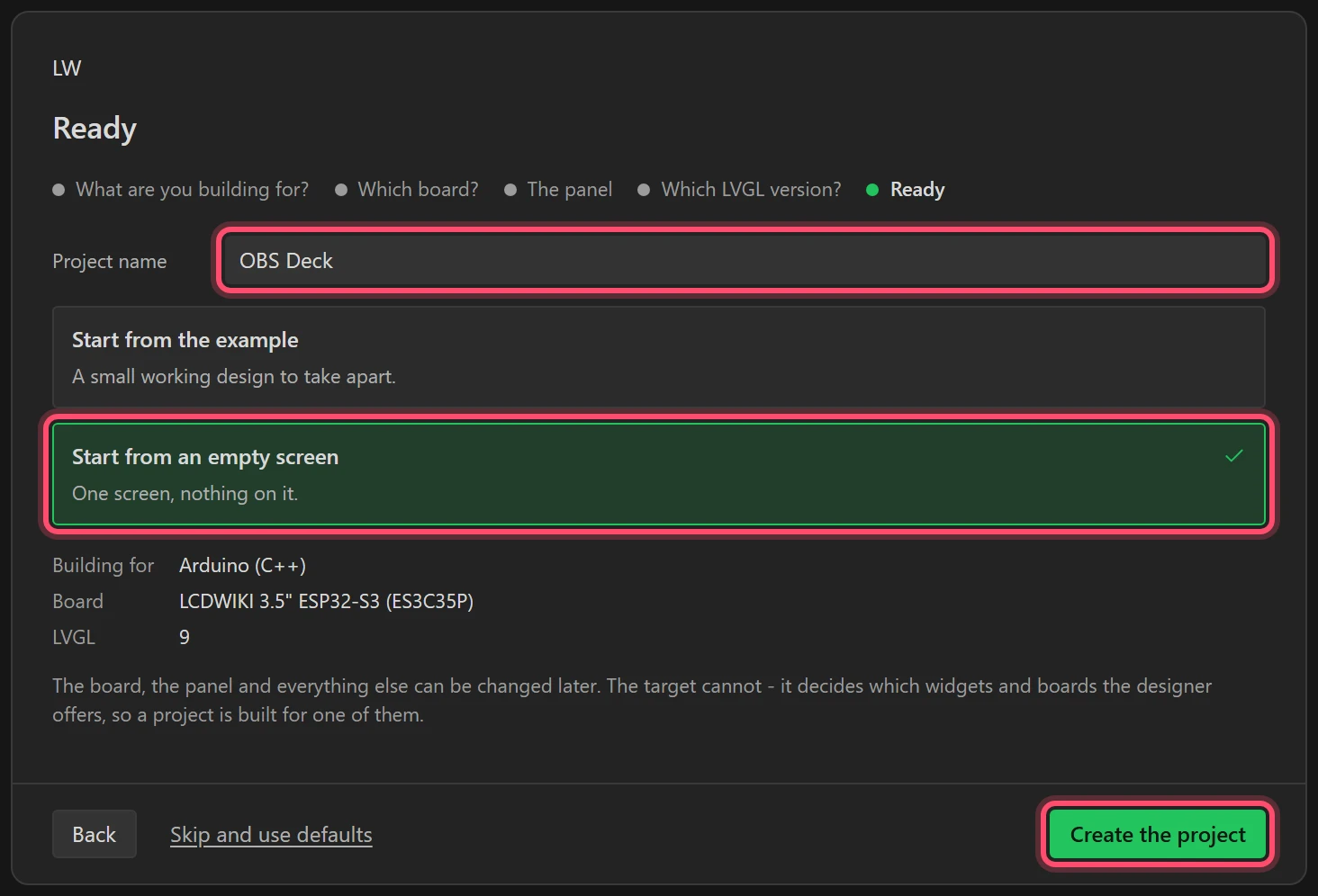 The last step: a name, an empty screen, and Create the project.