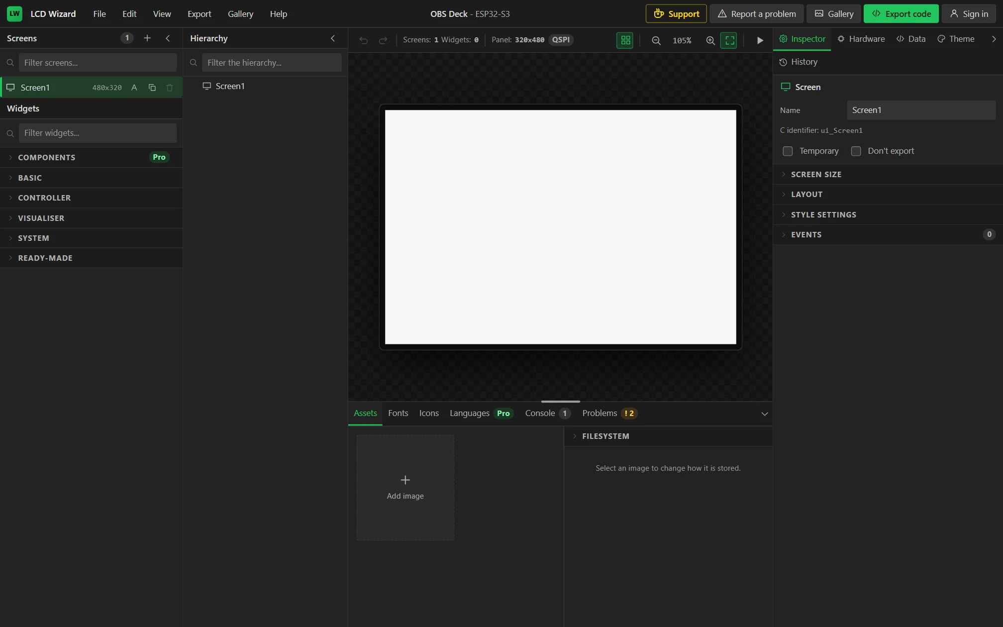 The designer with the new, empty project: a 480 x 320 screen.