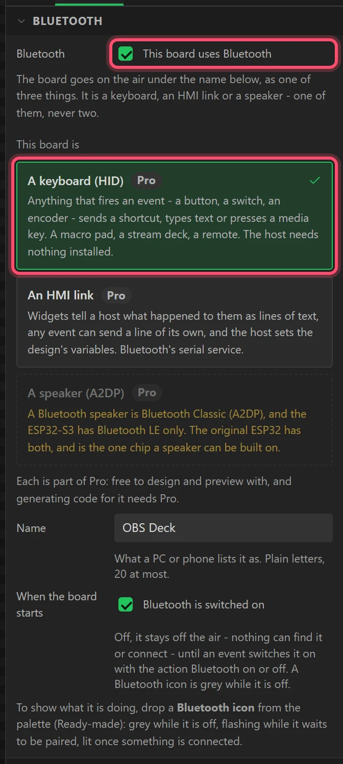 Bluetooth switched on, as a keyboard called OBS Deck.