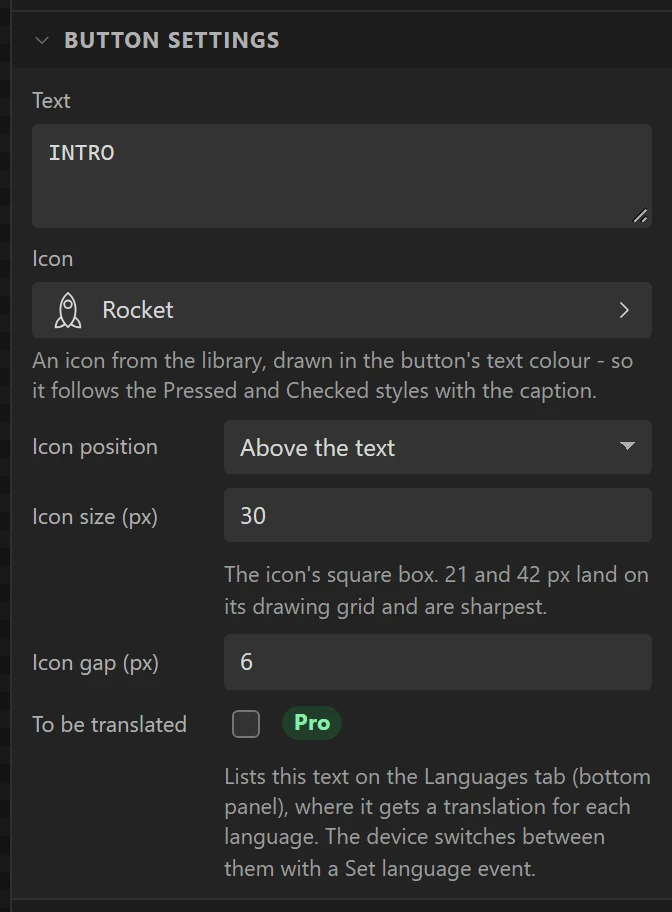 Caption, icon and where the icon sits.