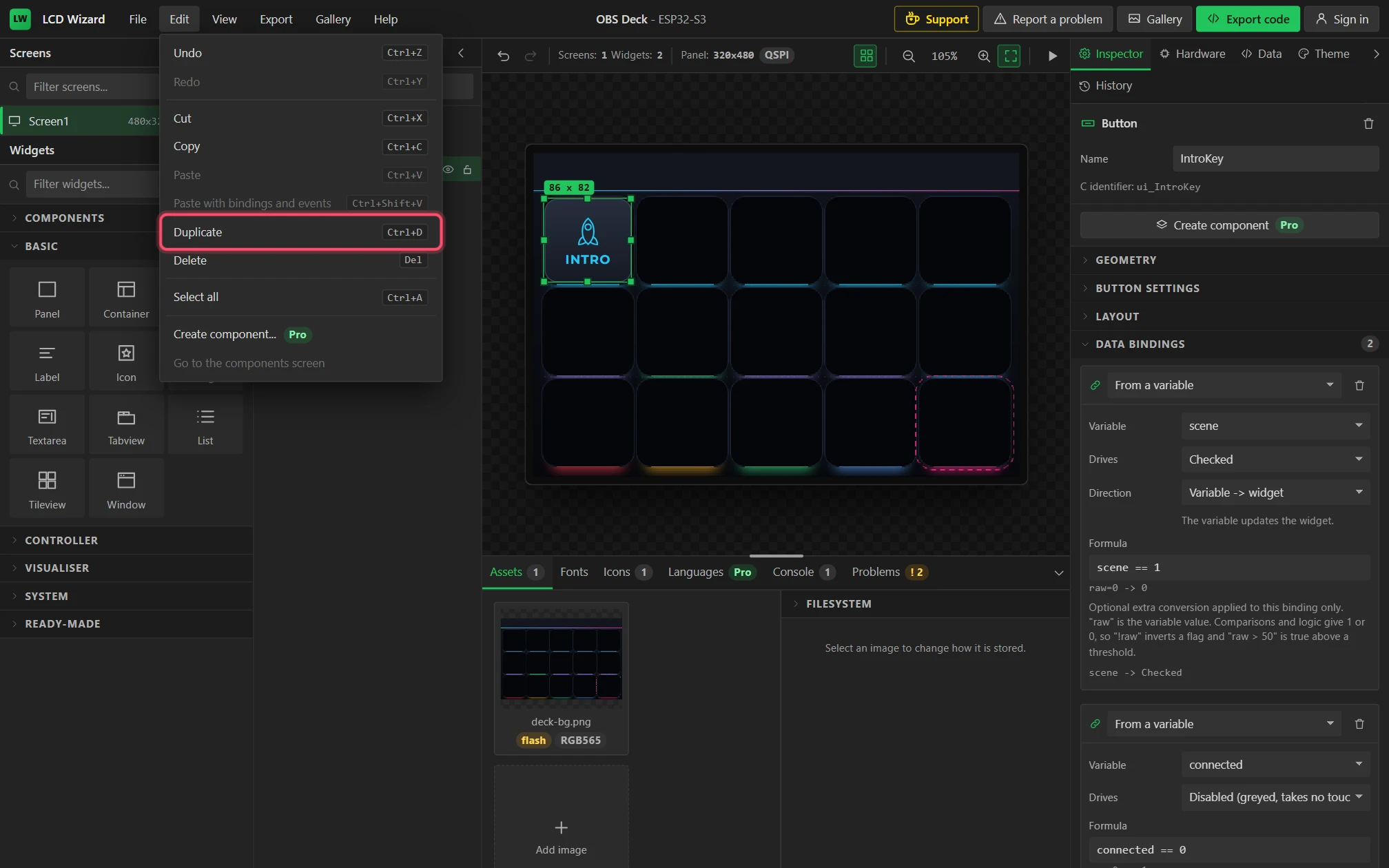 Edit, Duplicate. The Inspector shows the two bindings the copy will carry.