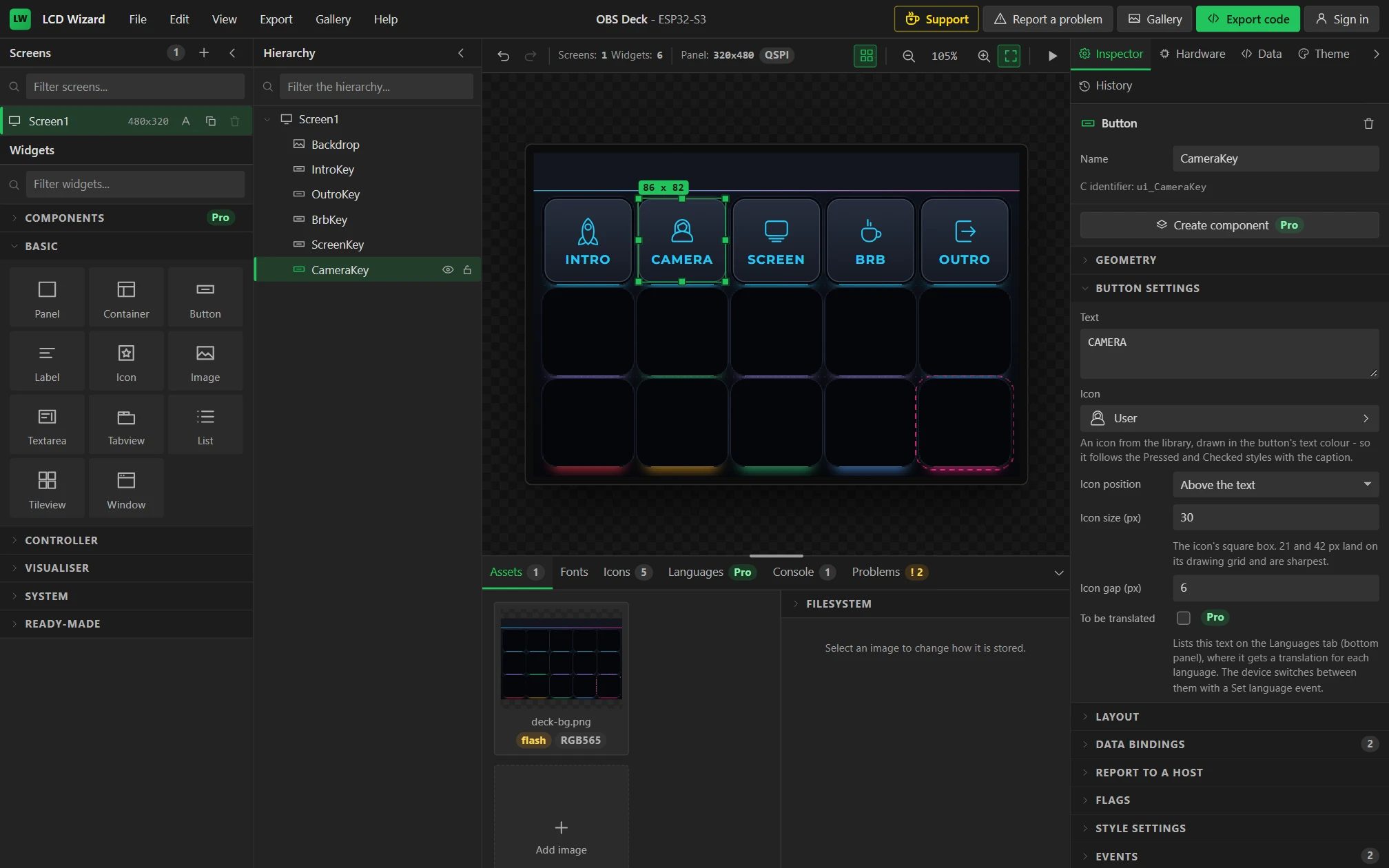 Five scene keys. CameraKey is selected, showing its caption and icon.