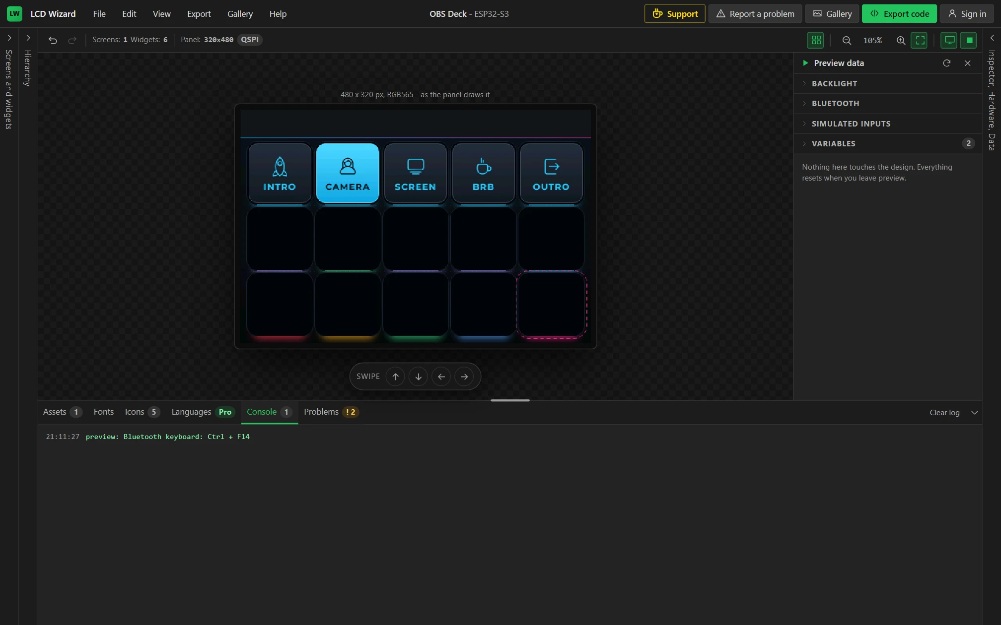 Preview: CAMERA was clicked, so it is lit and INTRO is not.