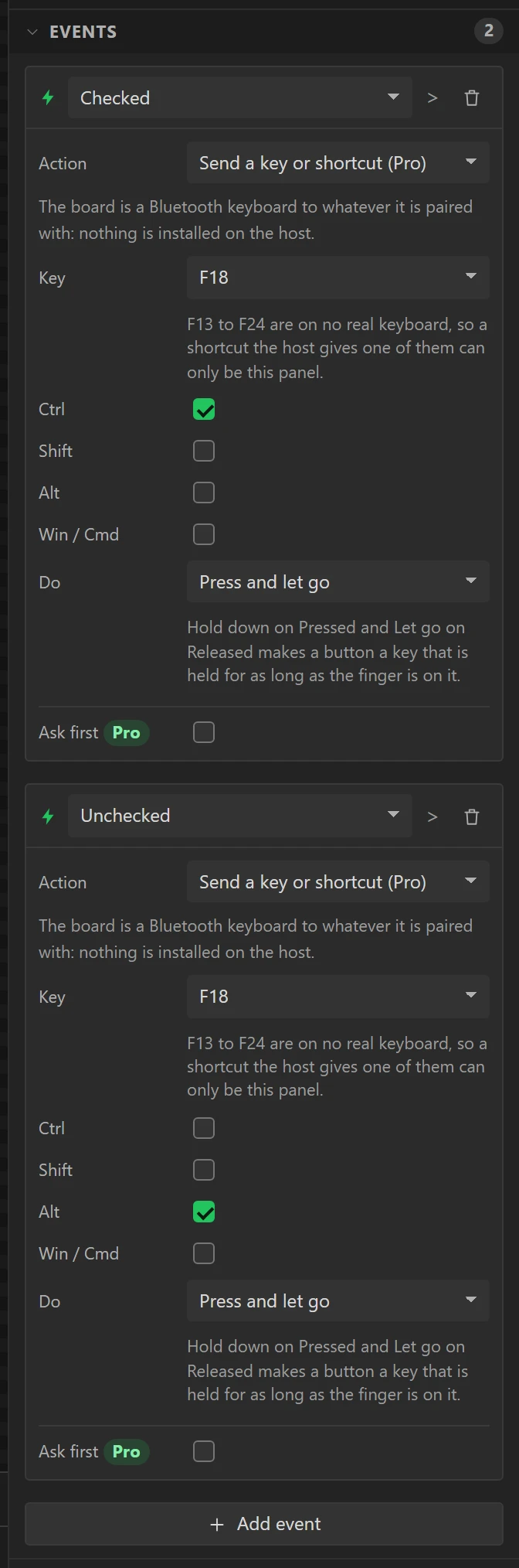 Checked sends Ctrl + F18, Unchecked sends Alt + F18.