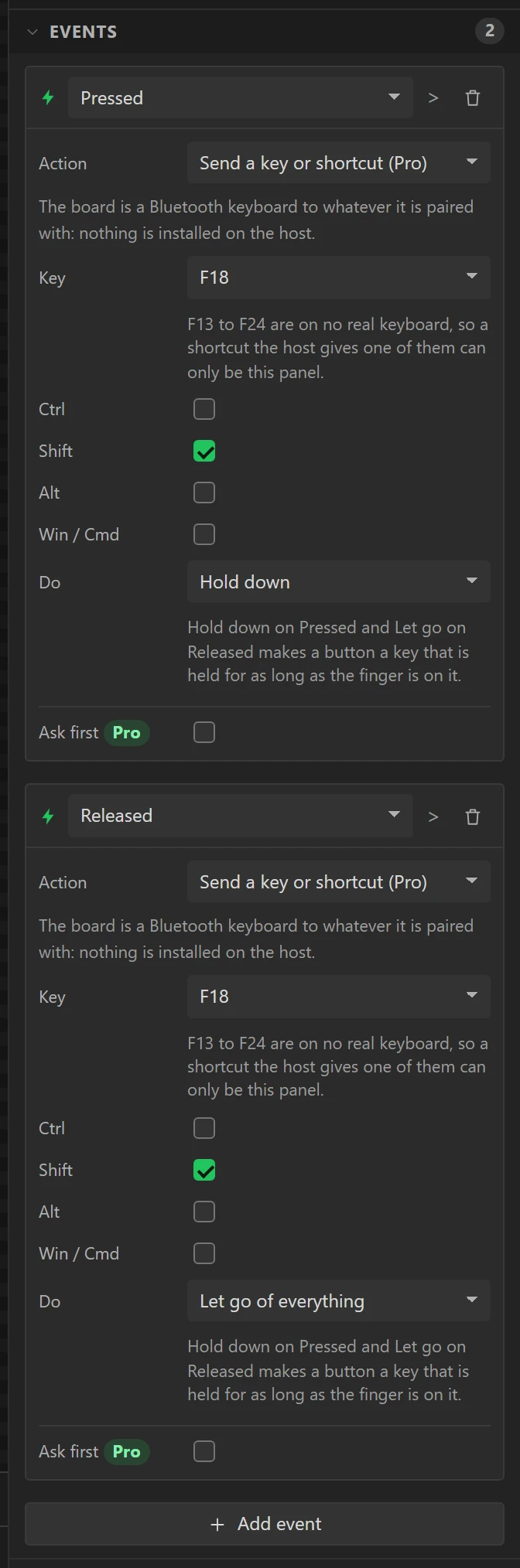 Pressed holds the shortcut down; Released lets it go.