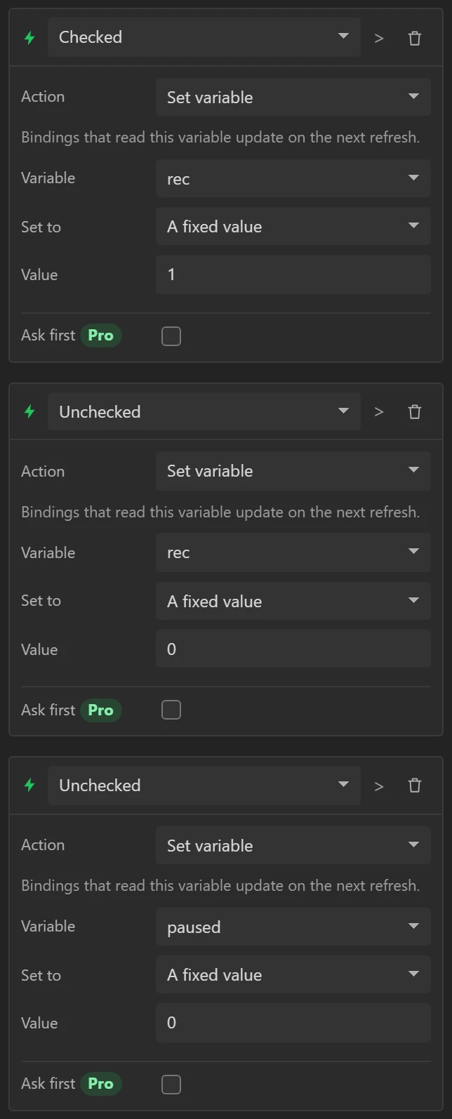 REC's three Set variable events, under its two shortcuts.