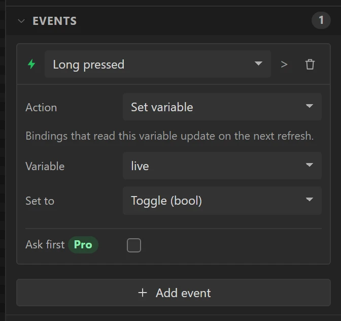 Long pressed: live is toggled.