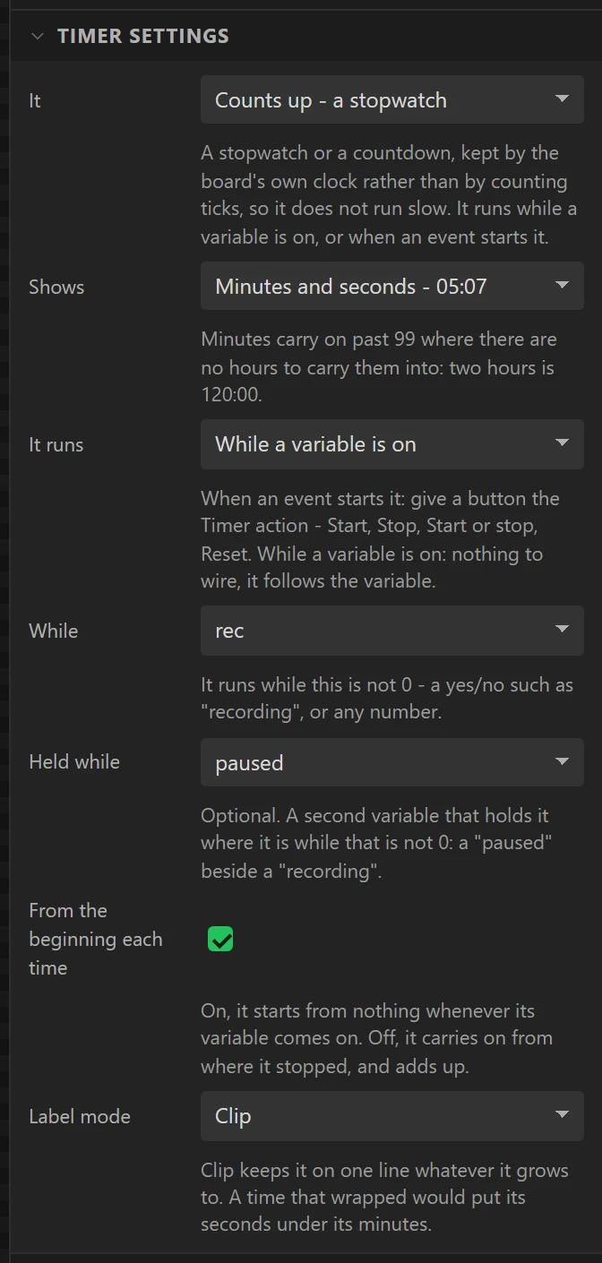 RecTimer runs while rec is on and is held while paused is.