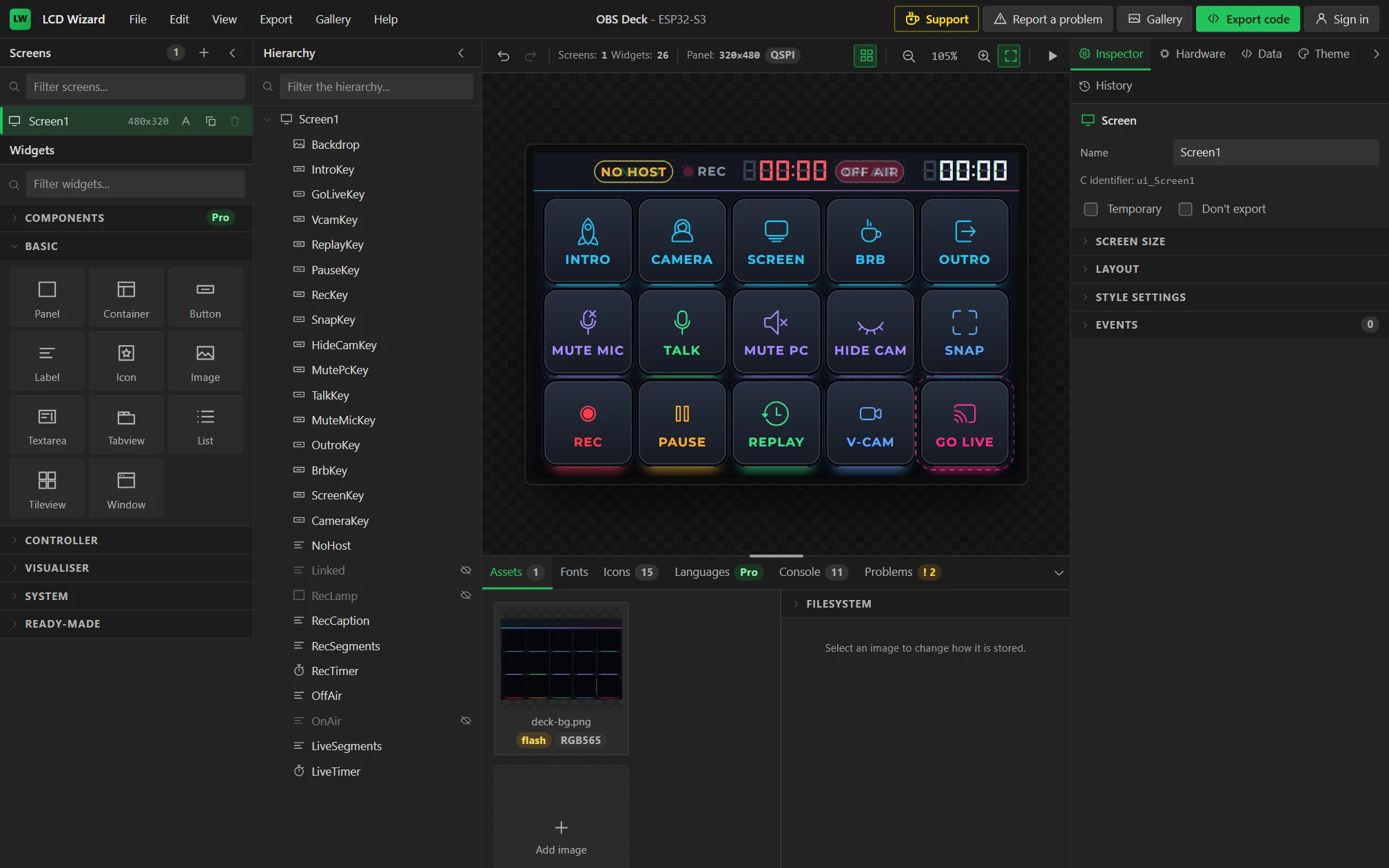 The finished design. Hidden widgets are greyed in the Hierarchy.