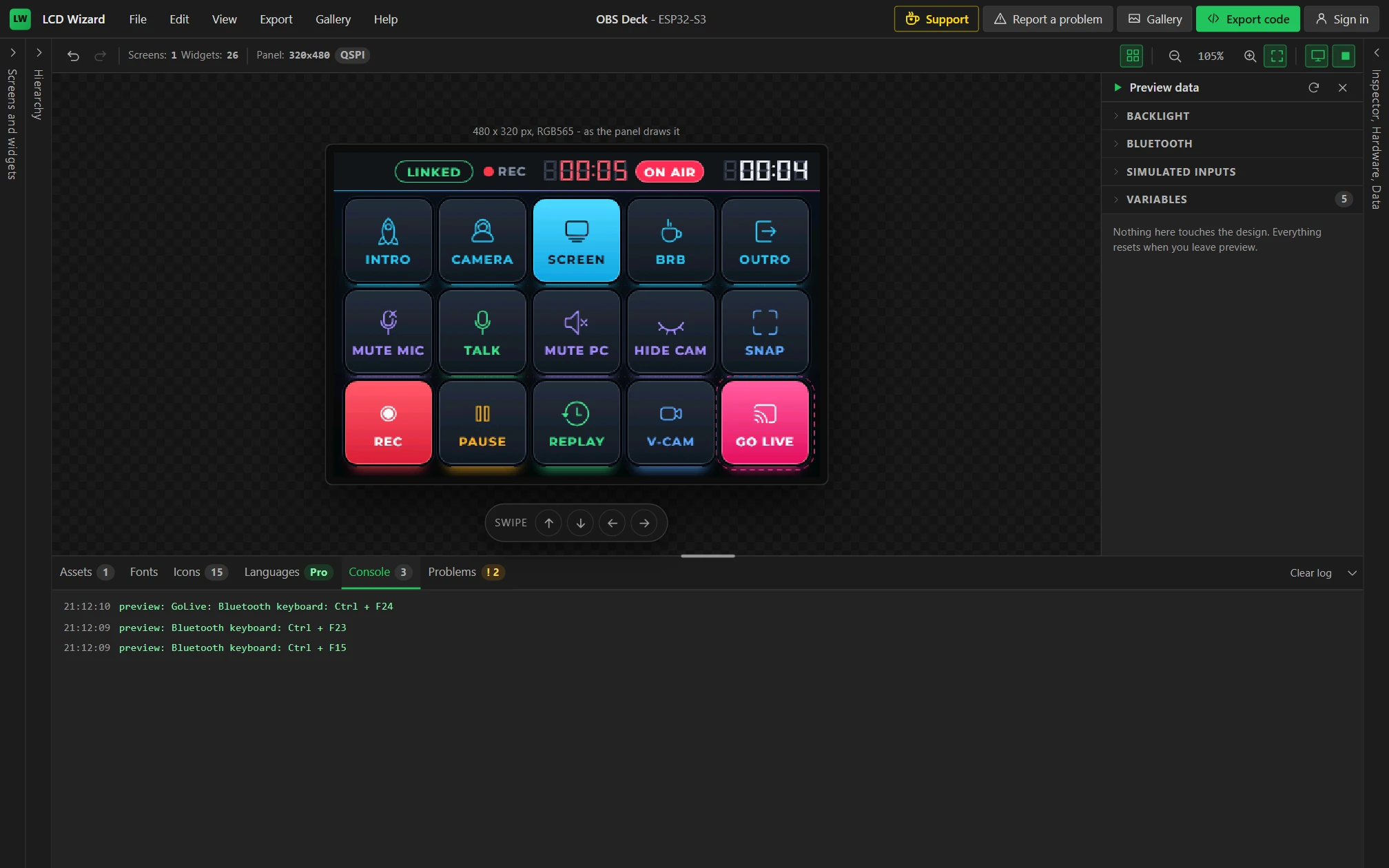 SCREEN chosen, a recording running for four seconds, and live for three.