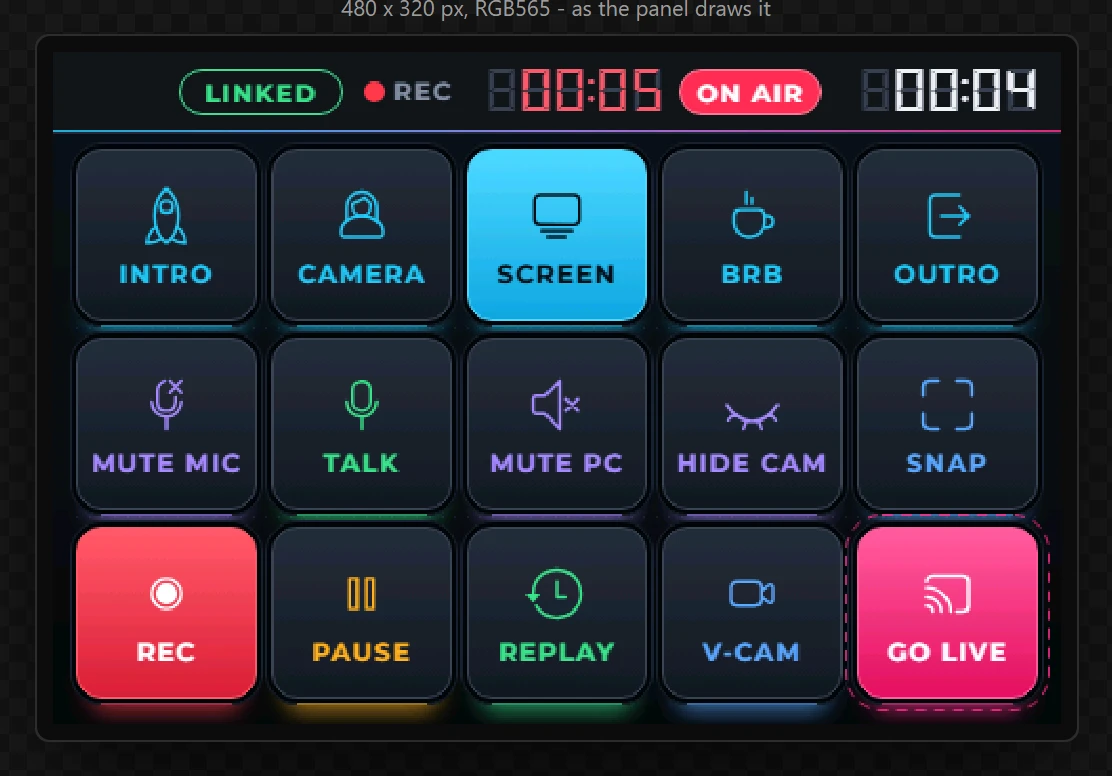 The finished deck in Preview, with SCREEN chosen, a recording under way and the stream live.