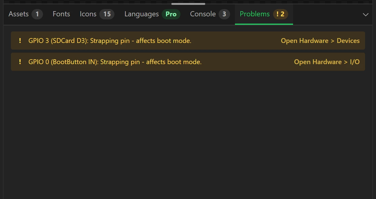 No errors; two warnings that belong to the board.