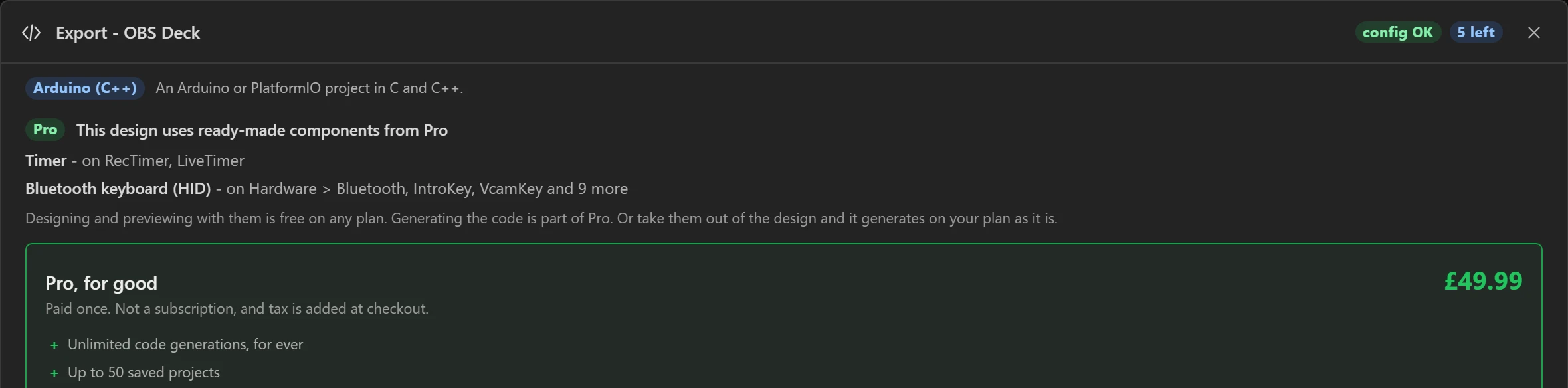 The export dialog names the Pro parts this design uses before anything is generated.