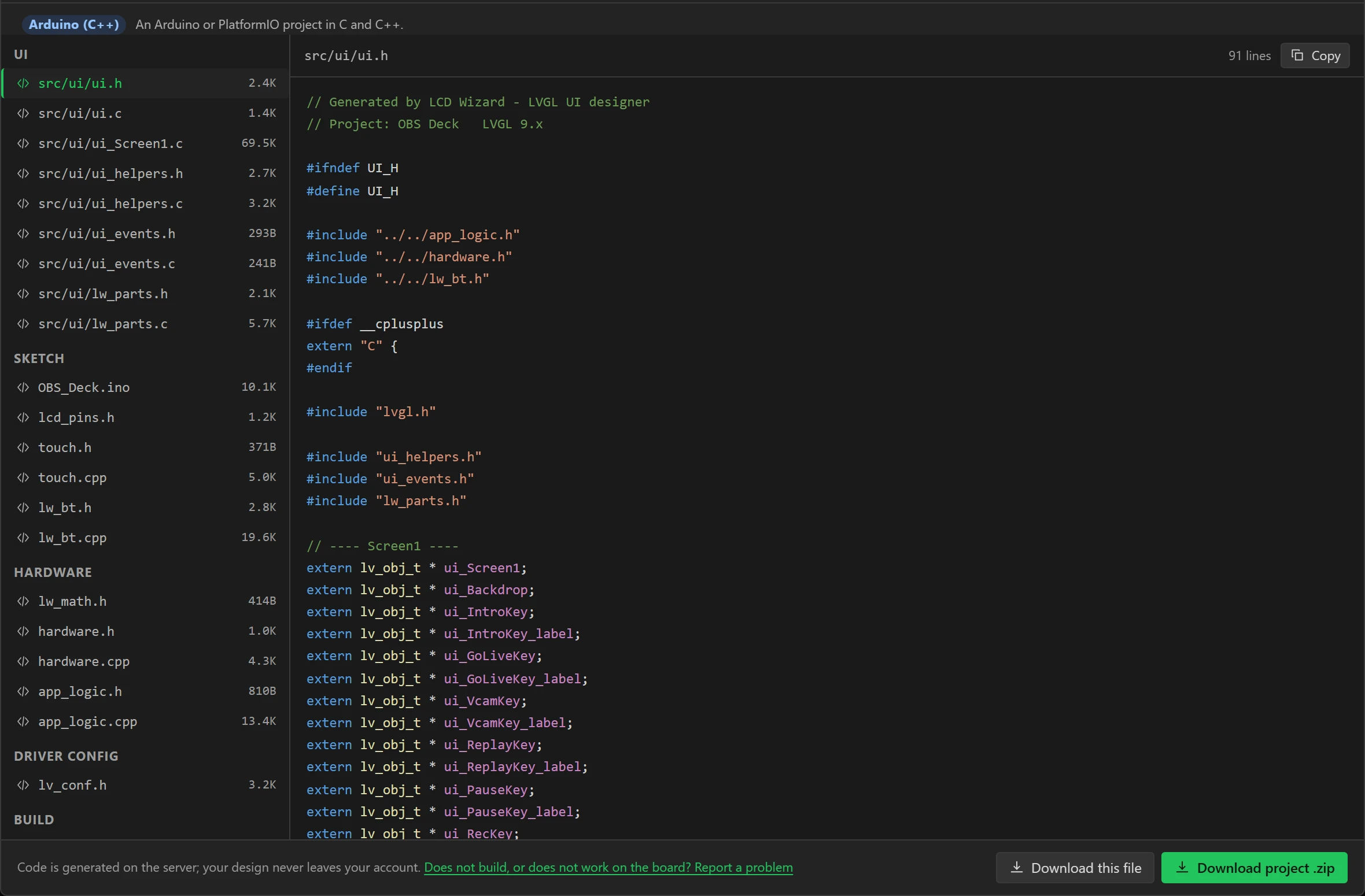 The generated project: 31 files, with ui.h open.