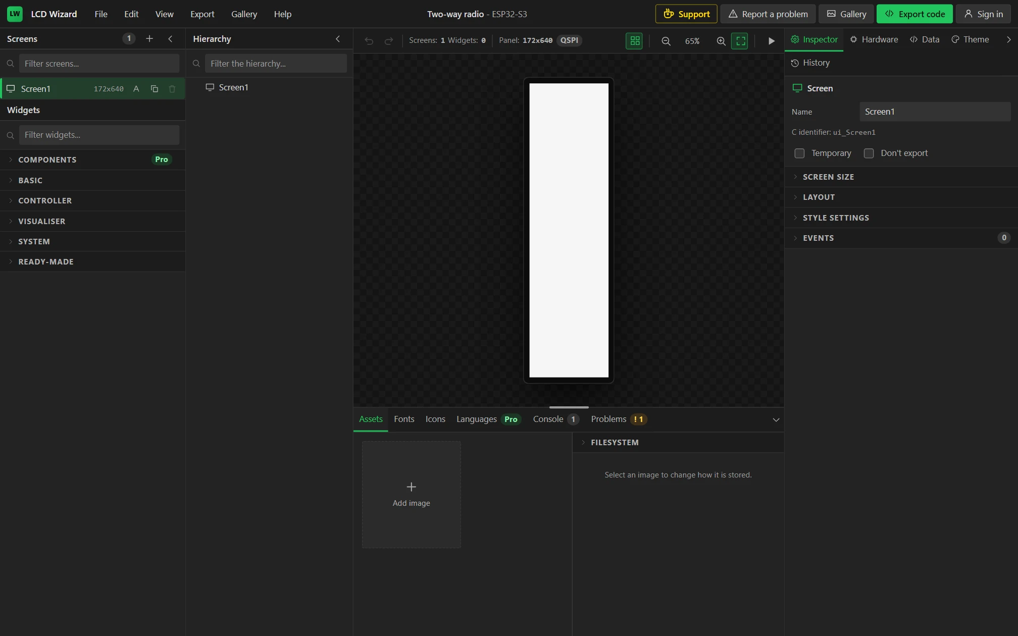 The designer with the new, empty project: a 172 x 640 screen.