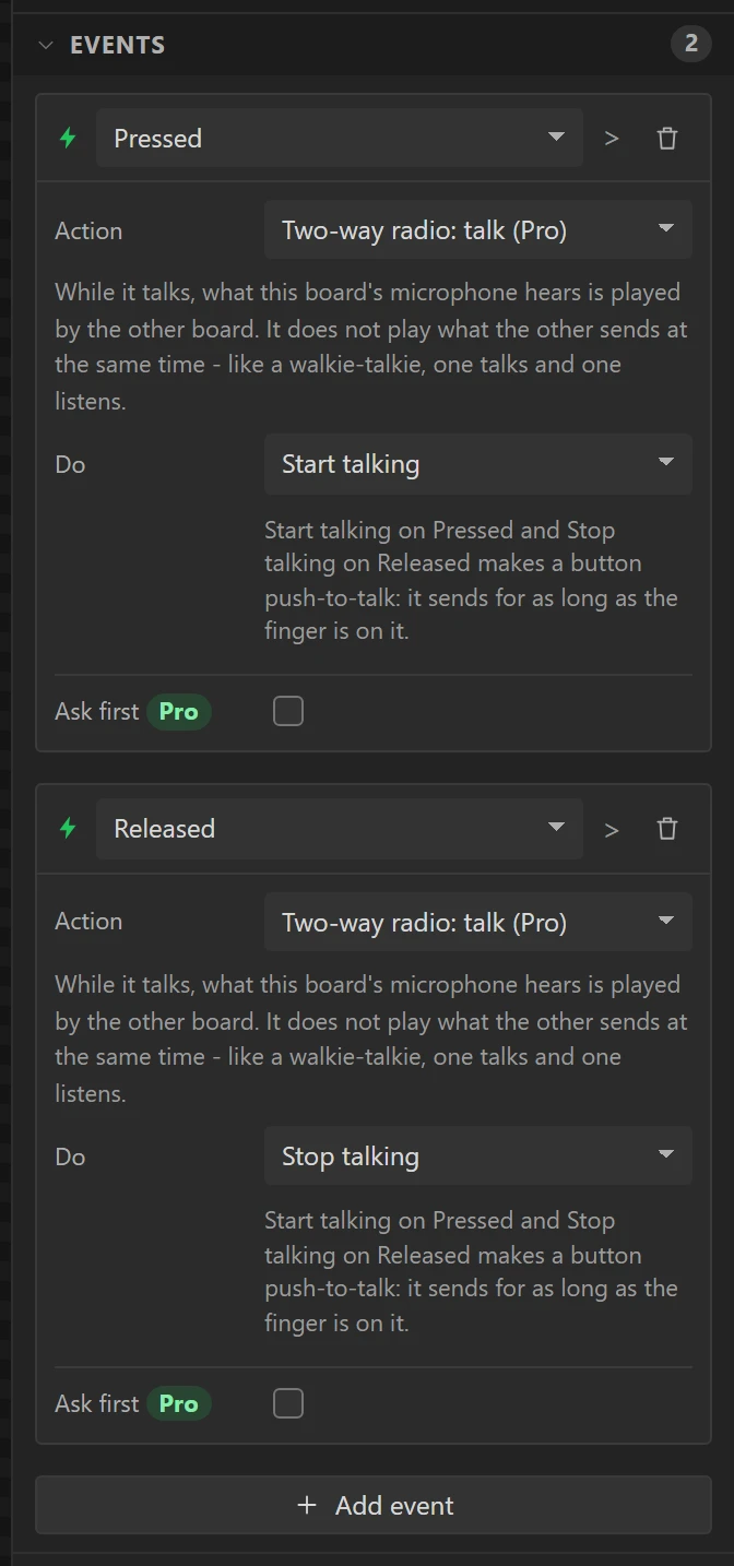 The Talk button's two events.
