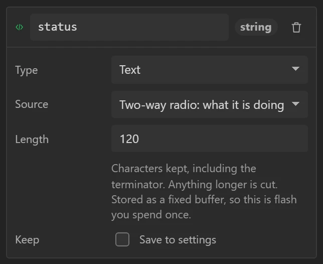 status reads what the radio is doing, as a sentence.