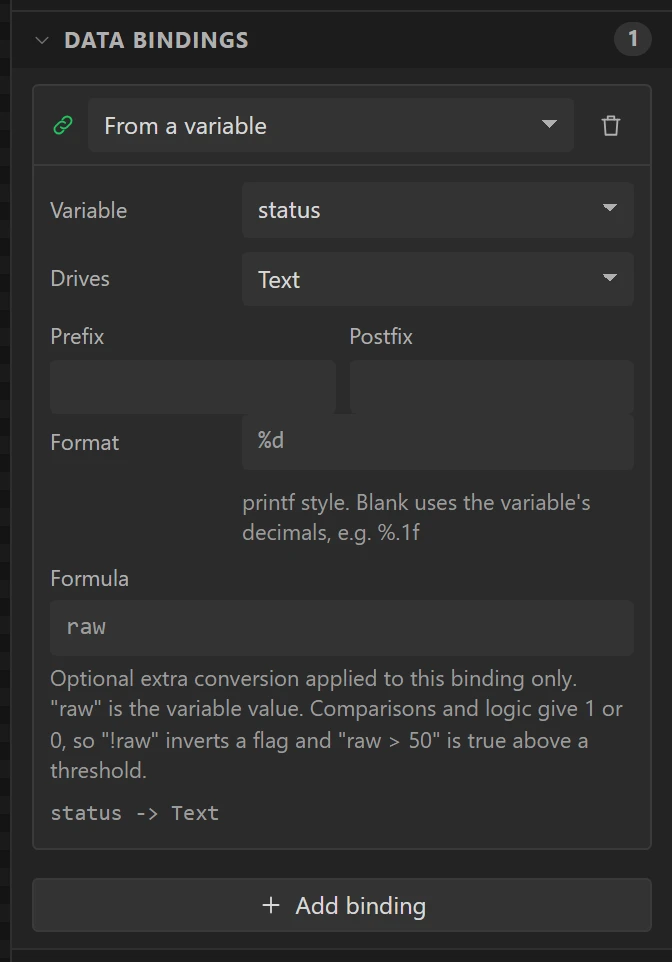 Says shows the status variable as its text.