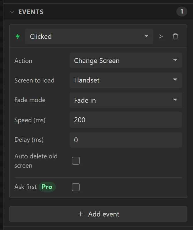 BACK loads the Handset screen.