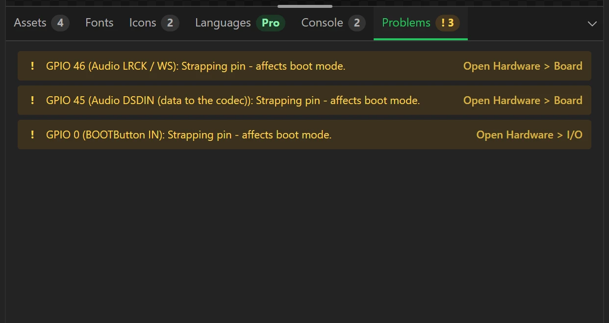 No errors; three warnings that belong to the board.