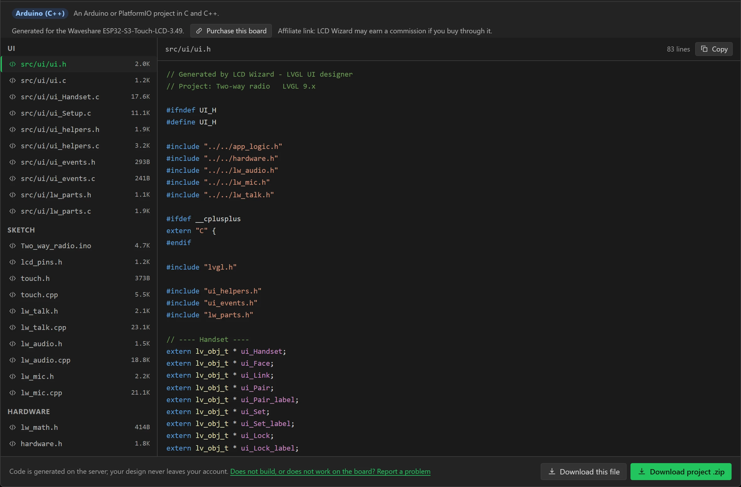 The generated project, with ui.h open.