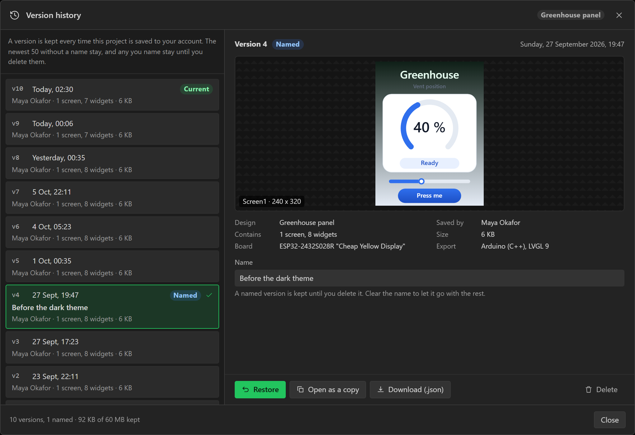The Version history dialog: ten versions of a project on the left, one of them named, and on the right the selected version's first screen, what it contained, a box to name it and the Restore, Open as a copy, Download and Delete buttons.