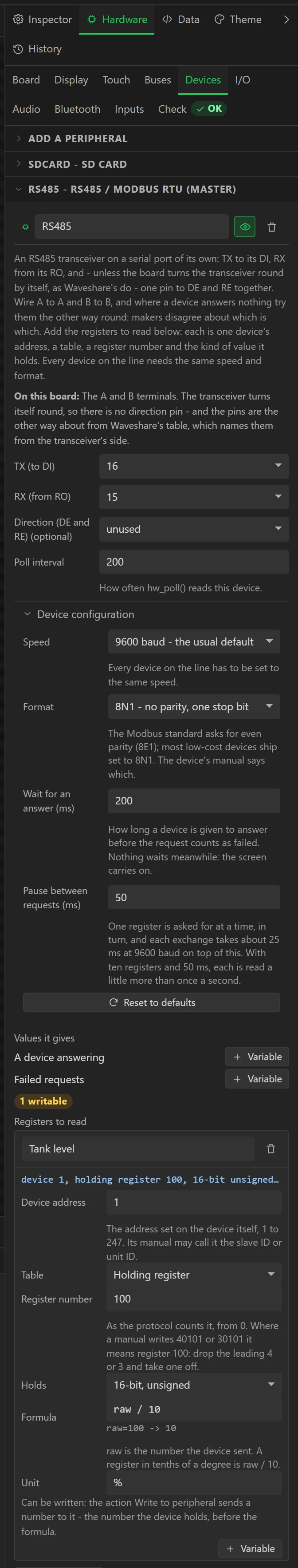 RS485 with one register added: device 1, holding register 100, shown in tenths as a percentage.