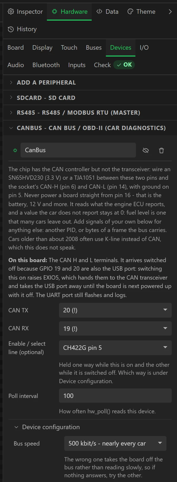 CanBus as it arrives: switched off (the crossed eye), with the reason on the card.