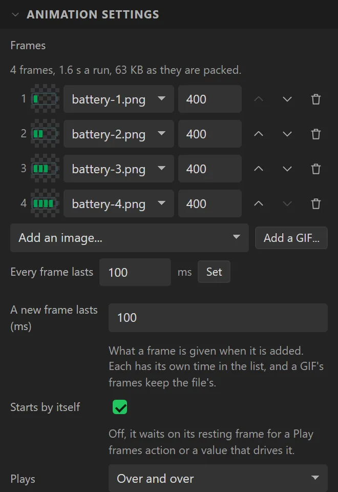 Animation settings: Frames, four frames battery-1.png to battery-4.png at 400 ms each, Add an image..., Add a GIF..., Every frame lasts, A new frame lasts 100 ms, Starts by itself.