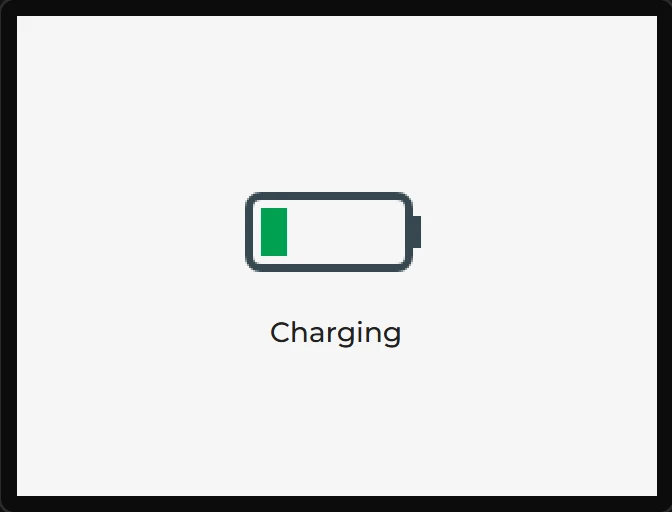 A battery outline with one green bar, and the word Charging under it.