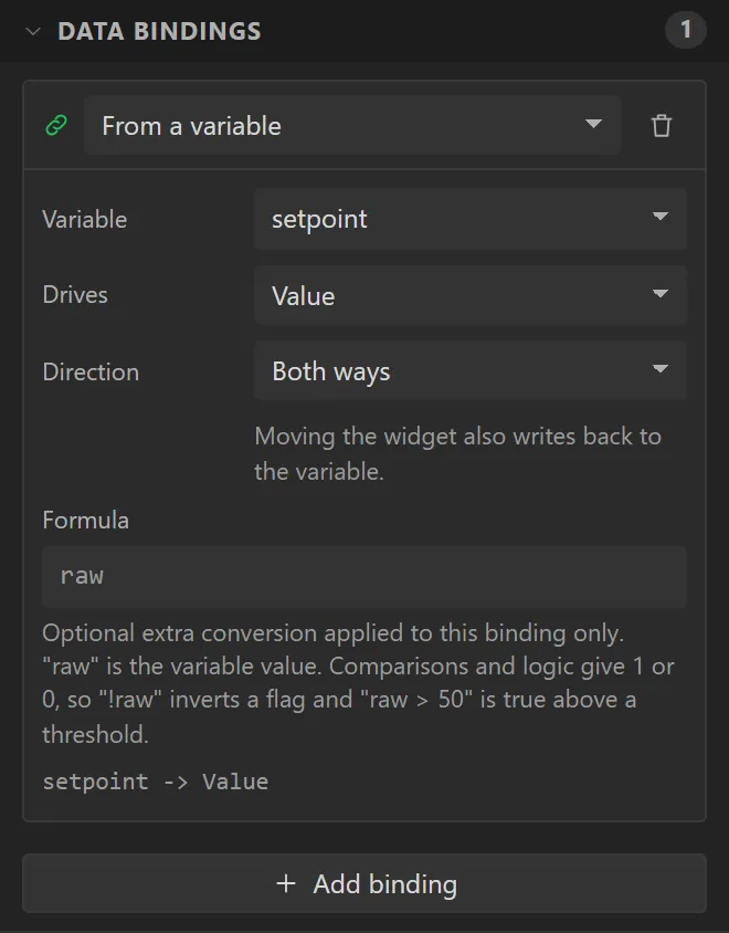 The arc's Data bindings: Variable setpoint, Drives Value, Direction Both ways.