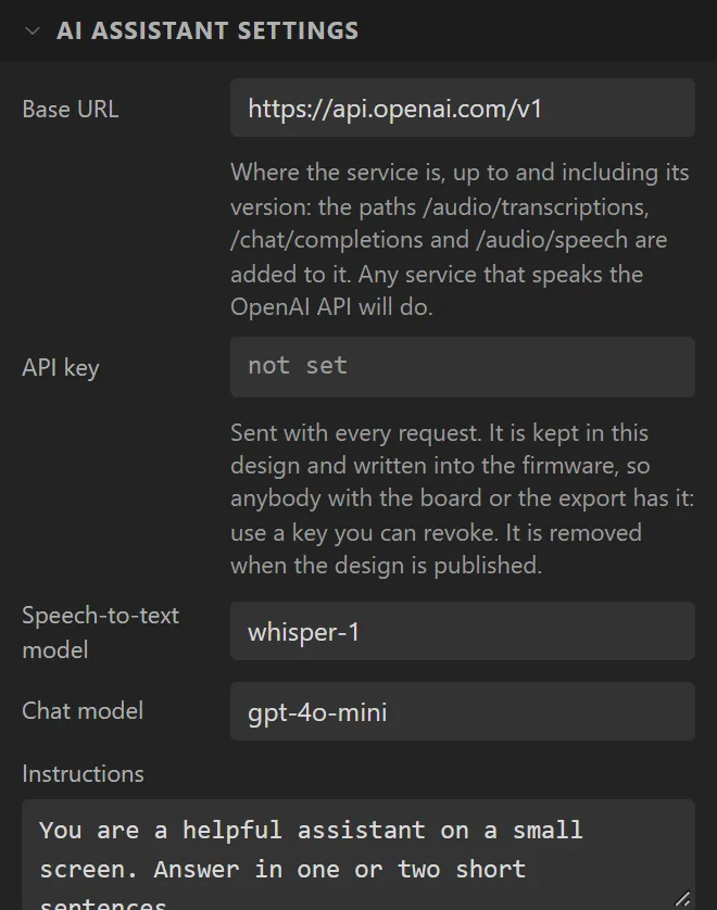 The first of the AI Assistant settings: Base URL https://api.openai.com/v1, API key not set, Speech-to-text model whisper-1, Chat model gpt-4o-mini, Instructions.