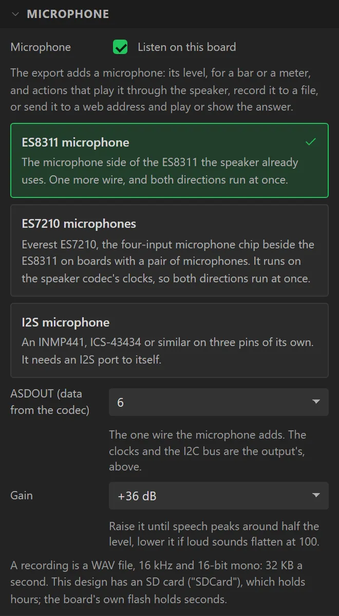 Hardware, Audio, Microphone: Listen on this board ticked and the ES8311 microphone chosen, with its data pin 6 and a gain of +36 dB.