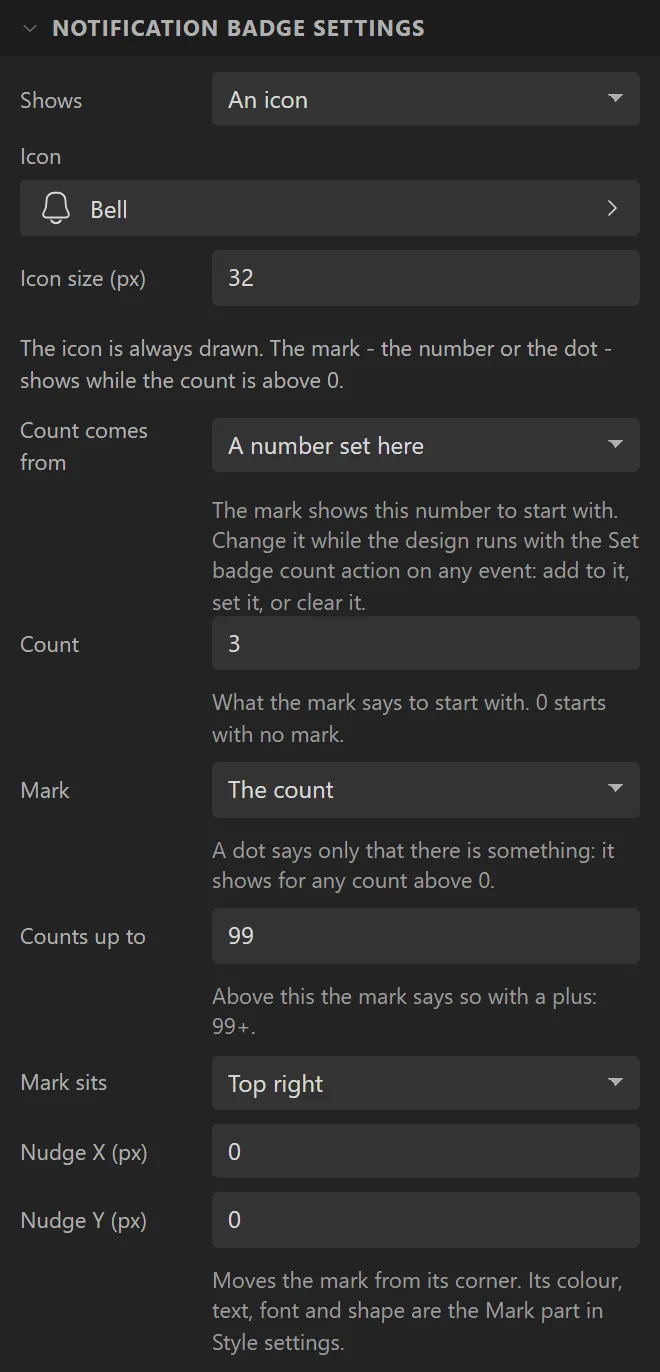 Notification badge settings: Shows An icon, Icon Bell, Icon size 32, Count comes from A number set here, Count 3, Mark The count, Counts up to 99, Mark sits Top right, Nudge X and Y.