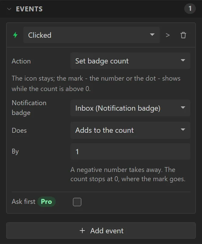 The New message button's Events: Clicked, Set badge count, Notification badge Inbox, Does Adds to the count, By 1.