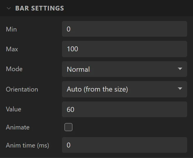 The Bar settings section: Min 0, Max 100, Mode Normal, Orientation Auto (from the size), Value 60, Animate, Anim time 0 ms.