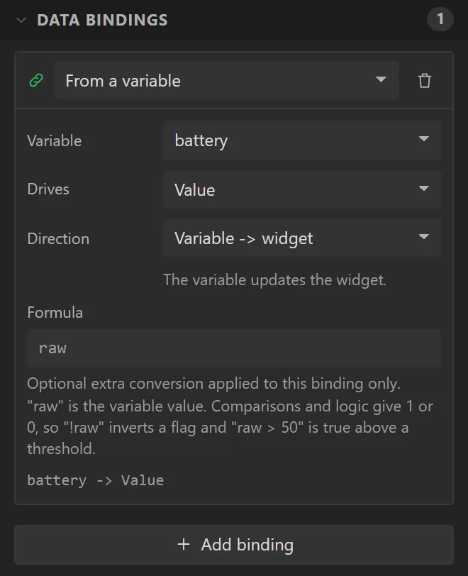 The bar's Data bindings: Variable battery, Drives Value.