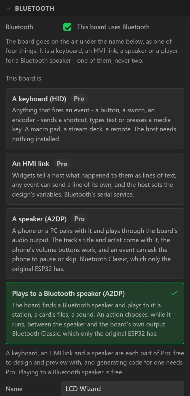 Hardware, Bluetooth: This board uses Bluetooth ticked, with Plays to a Bluetooth speaker (A2DP) chosen.