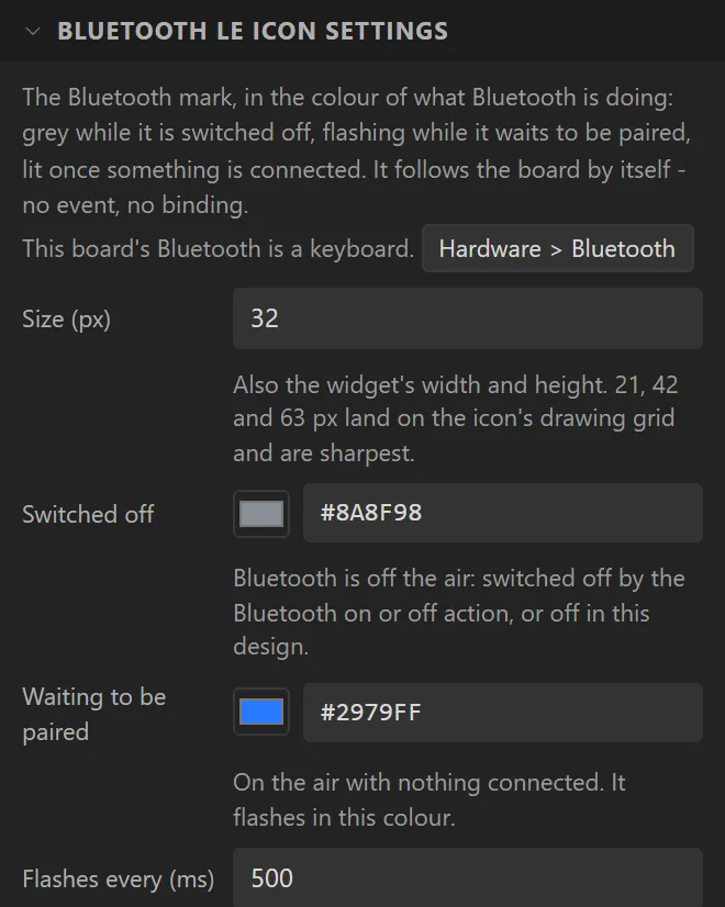 The first of the Bluetooth LE icon settings: a note that this board's Bluetooth is a keyboard with a Hardware > Bluetooth button, Size 32 px, Switched off grey, Waiting to be paired blue.