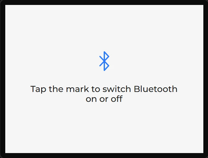 A blue Bluetooth mark with the words Tap the mark to switch Bluetooth on or off under it.