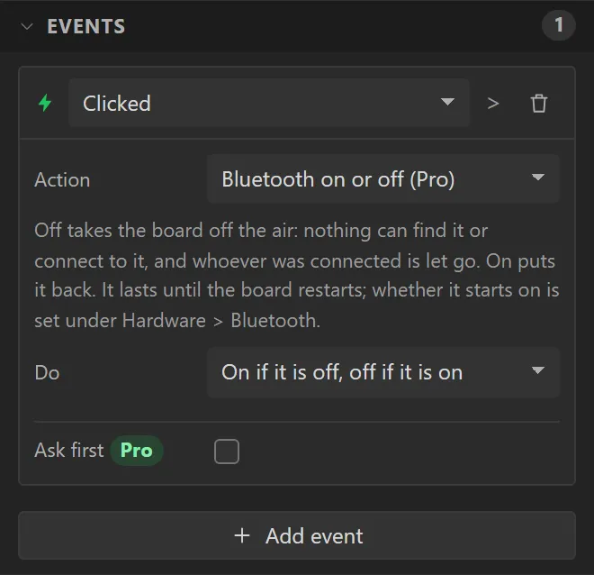 The icon's Events: Clicked, Bluetooth on or off (Pro), Do On if it is off, off if it is on.